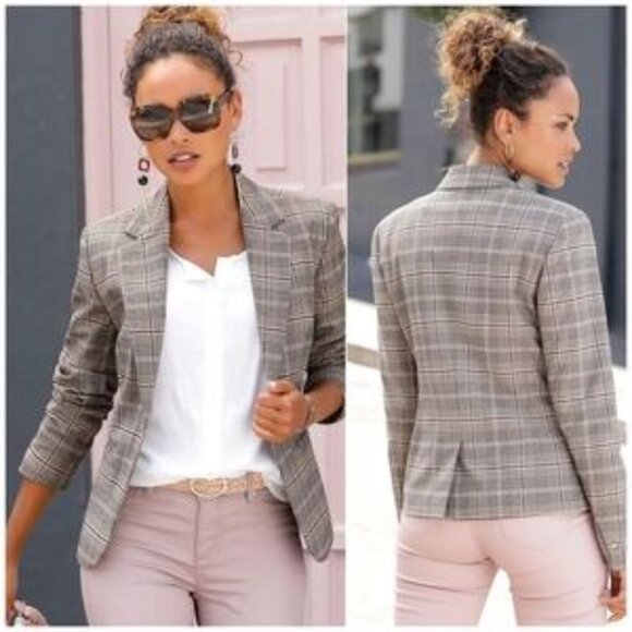 LASCANA Women's Classic Blazer Elegant Tailored Fit Jacket Taupe Pattern Size 6 - Picture 1 of 9